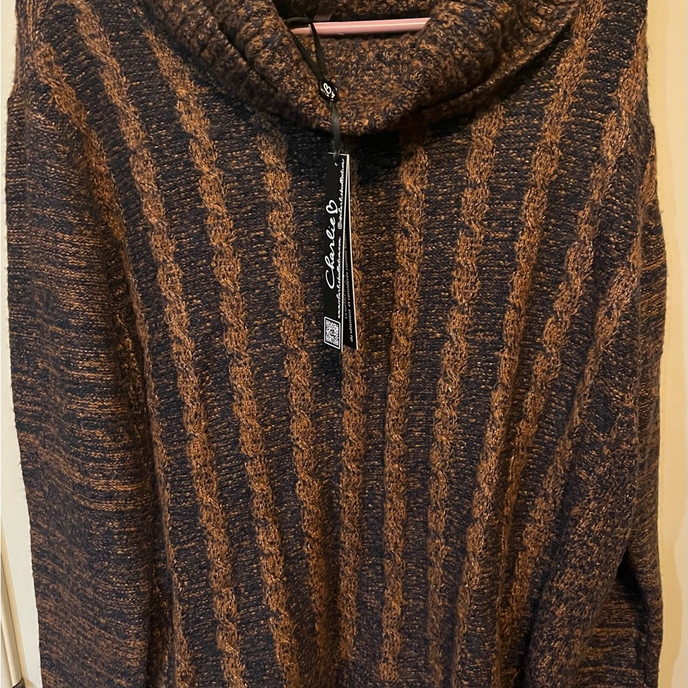 CHARLIE B Black and Brown Striped Cowl Neck Sweater